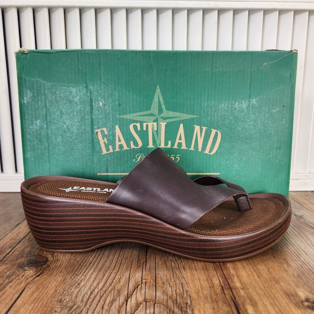 Eastland Laurel Wedge Sandals Womens Sz 9 M Brown Leather Boho Thong Flip Flops